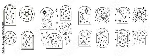 Collection of bohemian celestial line art icons with sun moon and stars for mystical and esoteric design elements