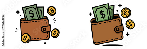 Two cartoon wallets overflowing with cash money and gold coins symbolizing personal finance, savings, wealth, and income