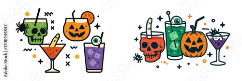 Collection of spooky Halloween party cocktails served in skull and pumpkin glasses with spider and eyeball decorations