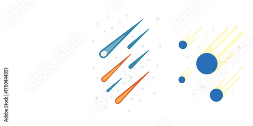 Set of colorful cartoon comets and meteors with stars isolated on a white background, flat design style icons for space and astronomy themes