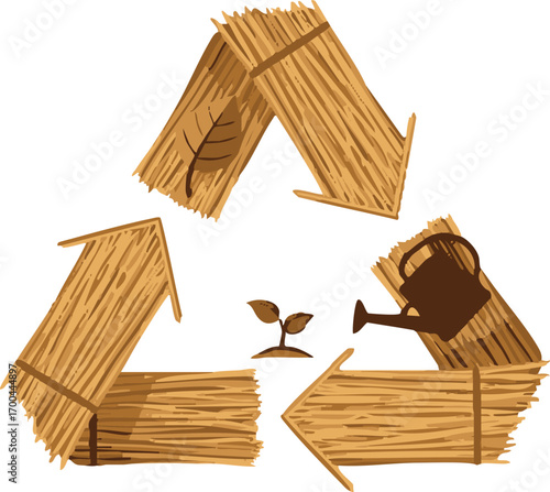 Vector Illustration of Recycle Symbol with Straw Arrows Leaf Watering Can and Seedling in Organic Style
