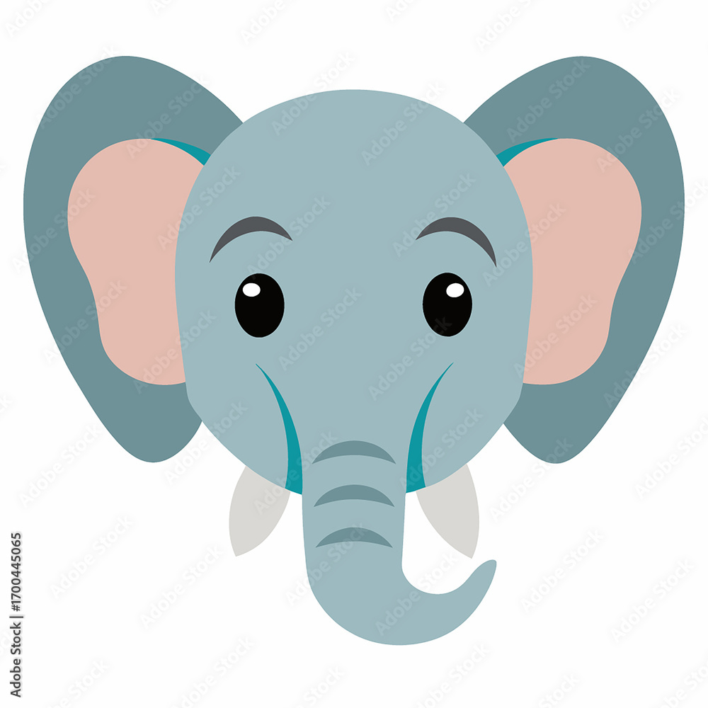 Obraz premium Cute Cartoon Elephant Head Illustration with Large Ears and Small Tusks on a White Background