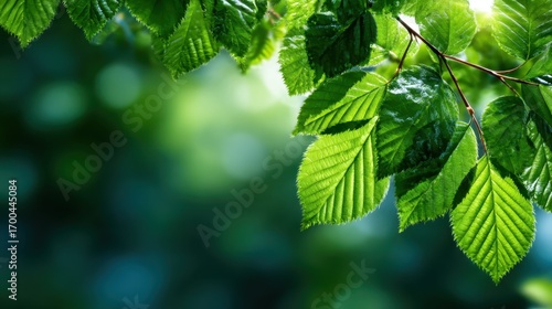 A close-up view of fresh green leaves glistening under soft natural light, evoking tranquility, freshness, and the beauty of nature in a serene outdoor environment.