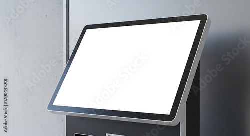 Modern interactive kiosk with blank white screen, angled view, against a textured wall
