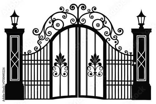 Elaborate Iron Gate Silhouette with Decorative Scrollwork and LanternTopped Pillars in Black Shade