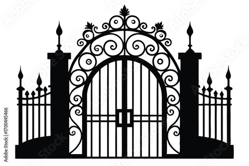 Silhouette of an Ornate Iron Gate with Decorative Scrollwork and Spiked Fencing Elements