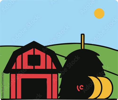 Cartoon Farm Vector Illustration of Barn Haystack and Sun in Modern Style