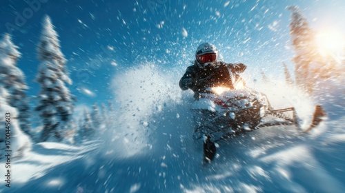 An exhilarating image of a snowmobile speeding through a winter wonderland, conveying a sense of adventure, thrill, and the beauty of snowy landscapes in the outdoors.