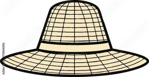 Illustration Art Straw Hat Vector with Grid Pattern and Wide Brim in Clean Line Style