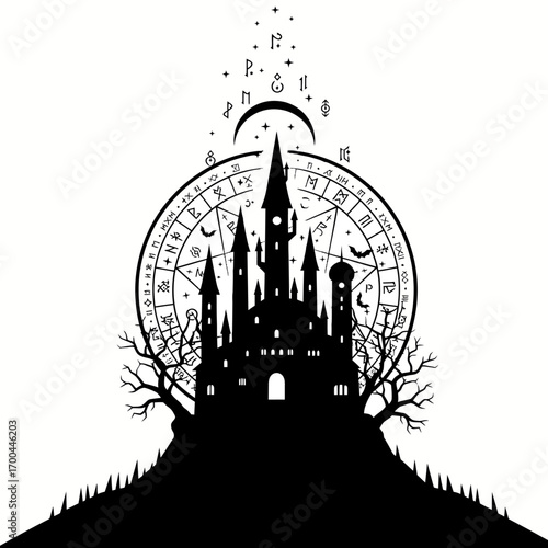 Mystical castle silhouette under celestial zodiac wheel and eerie moon for halloween or fantasy themes illustration