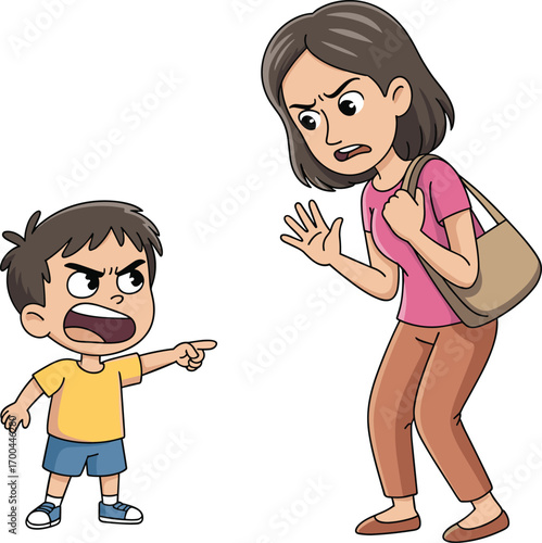 Angry child yelling at concerned woman, mother and son arguing, family conflict, emotional tension, parent and kid disagreement, cartoon illustration