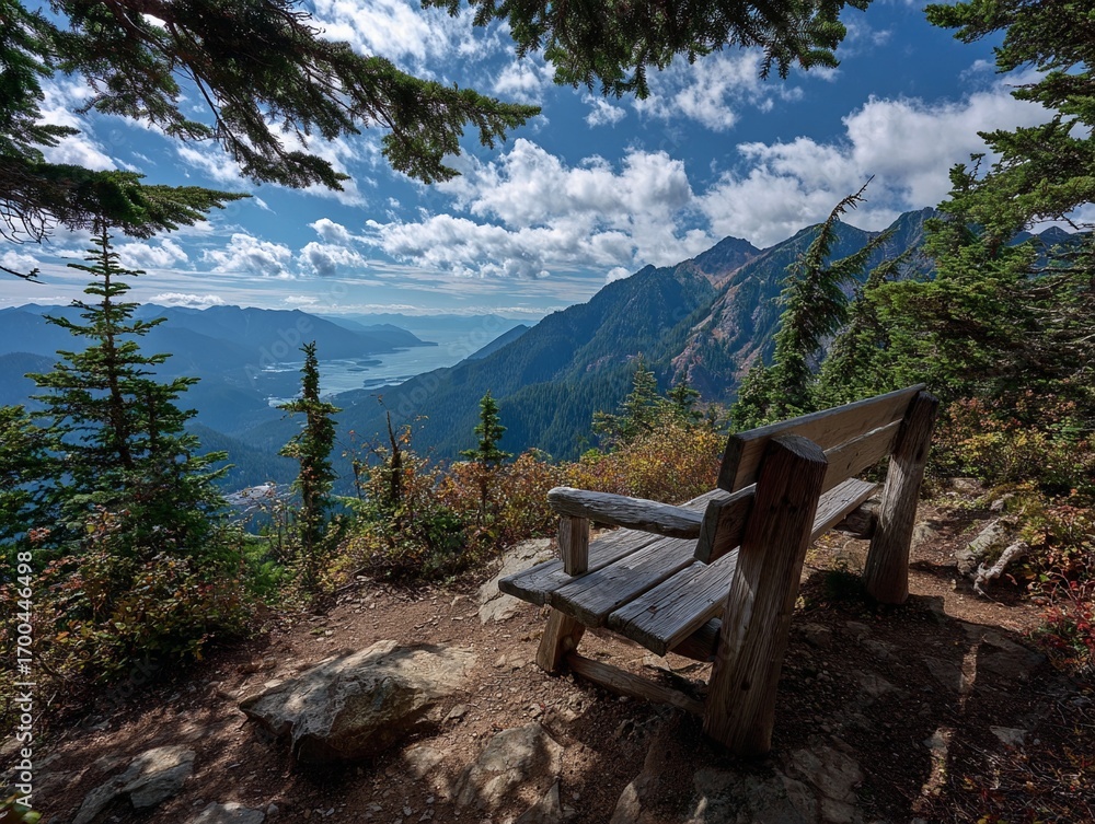 Fototapeta premium Mountain view hiking trail with bench scenic overlook landscape photography