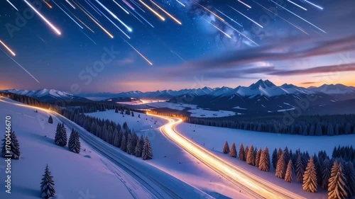 Winter Nightscape: Shooting Stars Over Snowy Mountains and Winding Road