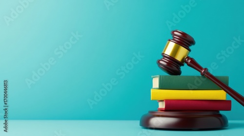 A gavel rests on colored law books against a blue background, symbolizing justice, law, and legal proceedings in a minimalistic style.