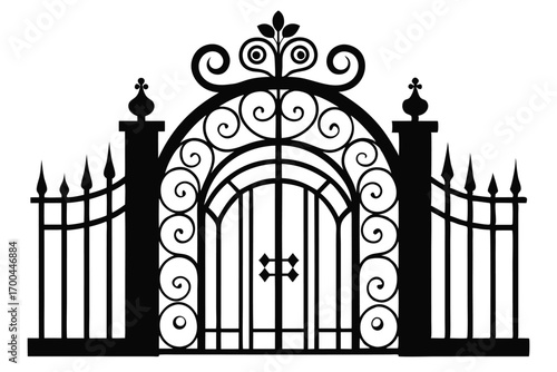 Ornate Wrought Iron Gate Silhouette with Swirls, Columns, and Spiked Fencing Detail