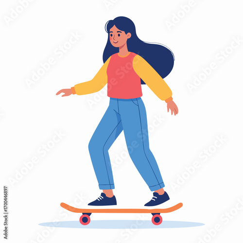 A young woman with long dark hair rides a skateboard, smiling.