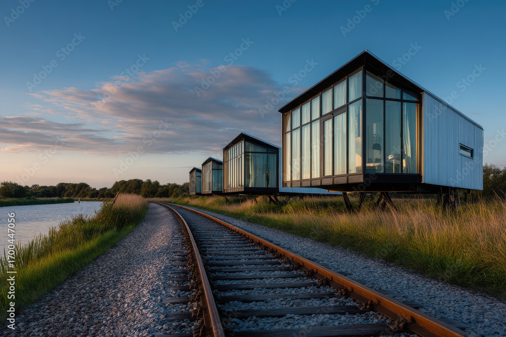 Obraz premium imagine futuristic ecohouses seamlessly gliding along rails adjusting their surroundings to maximize interaction