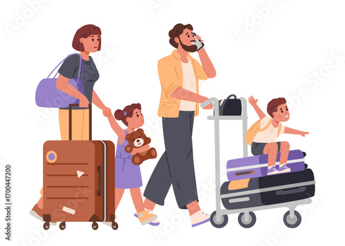 Happy family with two kids going on vacation flat vector illustration isolated on white. Parents walking with suitcases and luggage cart, boy sitting on a suitcase, girl carrying a toy.