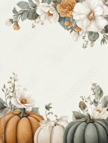 Elegant autumn composition with pumpkins and flowers on soft neutral background perfect for thanksgiving invitations fall decorations seasonal holiday designs and rustic harvest themed artwork