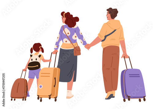 Family walking pulling suitcases view from the back flat vector illustration isolated on white. Parents with daughter going on vacation.