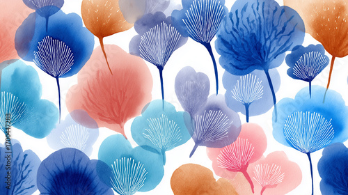 Beautiful abstract watercolor floral pattern with blue orange and pink flowers on white background perfect for artistic design wallpaper textile prints invitations and creative decorative projects