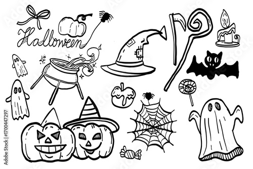 Hand drawn Halloween doodle vector set with pumpkins, ghosts, witch hat, cauldron, bat, spider web, candy and spooky elements. Perfect for invitations, posters, stickers, and party decorations.
