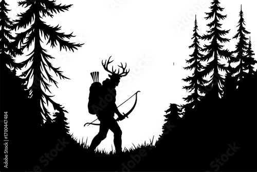 "Silhouette of Crossbow Hunter in the Forest"