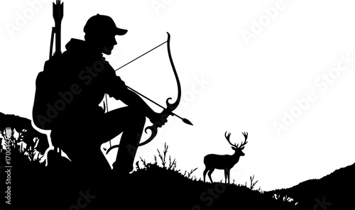 "Silhouette of Hunter in Boat with Dog and Ducks"