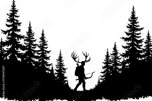 "Silhouette of Crossbow Hunter in the Forest"