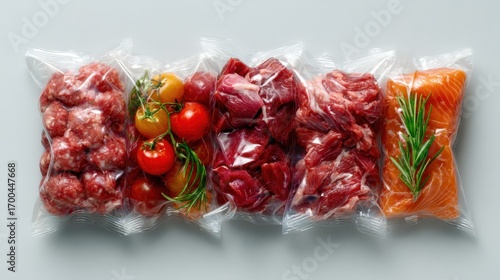 An array of vacuum packed meats alongside fresh tomatoes highlights the importance of preserving food freshness and flavors, appealing to culinary enthusiasts.