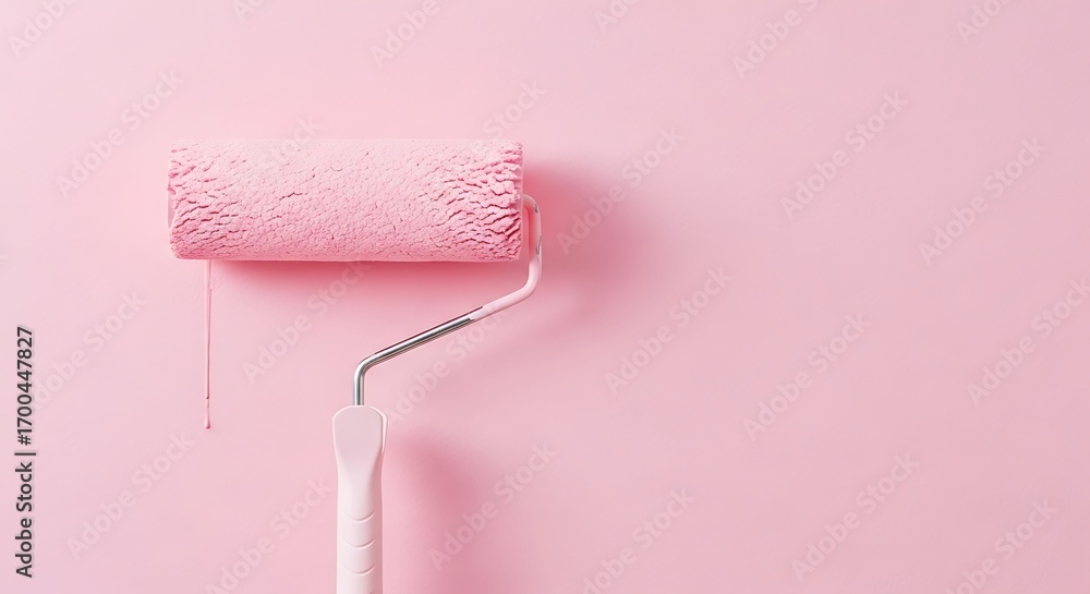 Obraz premium Pink Paint Roller Dripping on a Smooth, Monochromatic Pink Wall