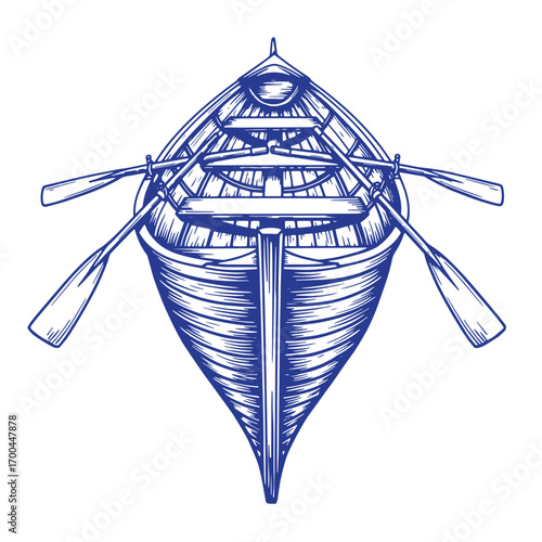 Hand drawn illustration of a traditional blue rowboat with oars for transportation