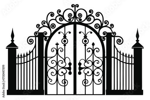 Ornate Black Iron Gate Silhouette with Scrolling Details and Decorative Posts Illustration