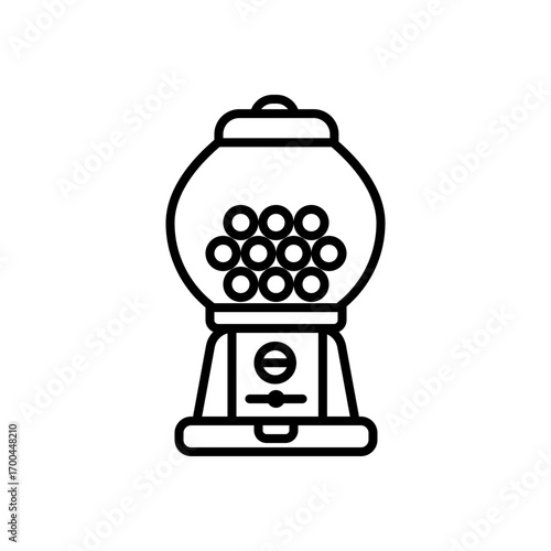 An outlined illustration of a gumball machine filled with round candies, presented on a white background.