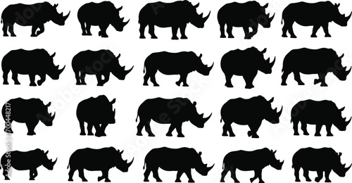 Flat vector illustration of multiple black rhino silhouettes, diverse rhino shapes, wildlife animal icons, endangered species symbols, nature conservation art, rhino collection