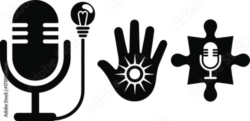 Podcast and creativity symbols representing ideas, solutions, collaboration, and innovation for business