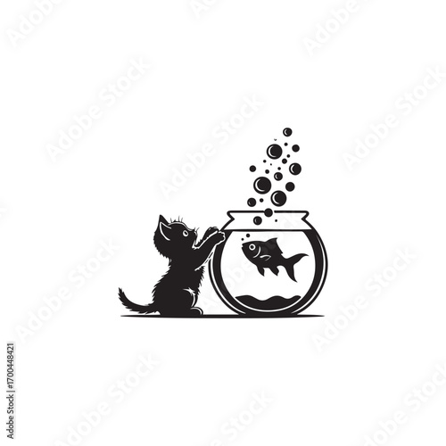 Black silhouette of a curious kitten reaching into a fishbowl with a goldfish and bubbles vector