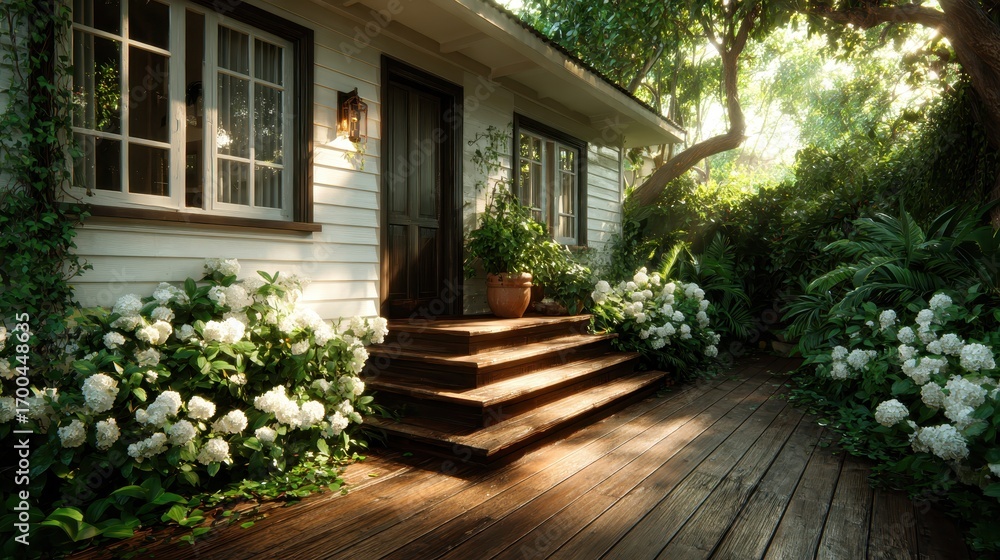 Naklejka premium A picturesque wooden cottage nestled among lush greenery and white flowers, emanating a serene and inviting atmosphere perfect for relaxation and tranquility.
