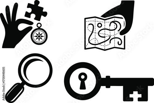 Find your way with compass, map, key, puzzle, and magnifying glass to solve problems and discover secrets