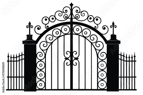Ornate Black Wrought Iron Gate with Scrolls, Circles, and Spiked Fences Vector Illustration