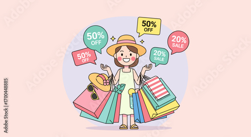 A cheerful young woman enjoys a successful shopping spree, surrounded by colorful bags and promotional discount offers, celebrating great deals.