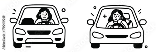 Simple line art of a sad and anxious woman driving a car and a tired commuter bored in a traffic jam