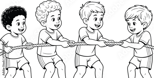 Boys playing tug of war game, outdoor sports activity for kids, fun competition, teamwork, black and white coloring page