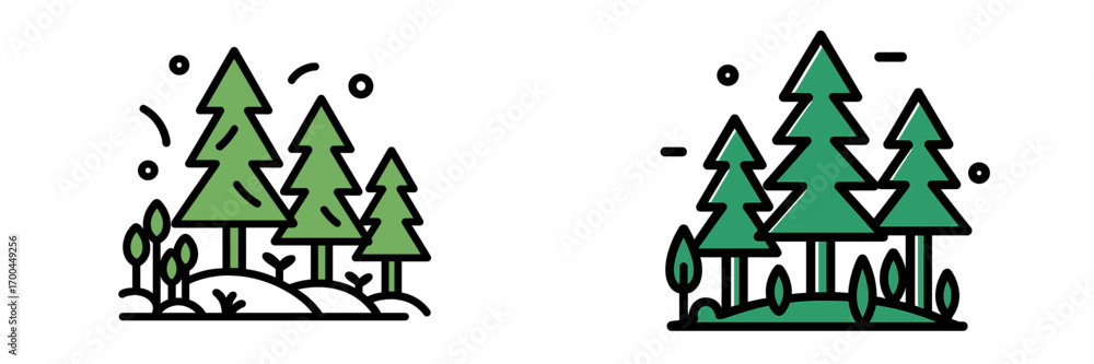 Obraz premium Set of two minimalist forest icons with pine trees and shrubs in a clean line art style isolated on a white background