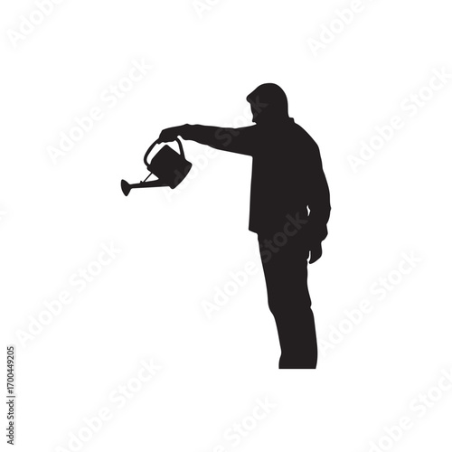 Black silhouette of a man holding a watering can tilted to pour pouring gardening