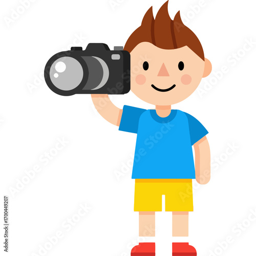 Childhood Adventure: A boy fascinated by photography, ideal illustration for family photo albums, travel blogs, and visual presentations of technology topics for children.