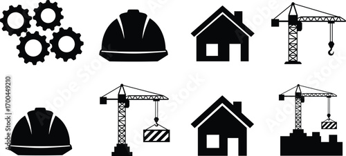 Construction vector icons, crane, helmet, house, gear, building silhouette, industrial equipment, site tools, black engineering symbols pack