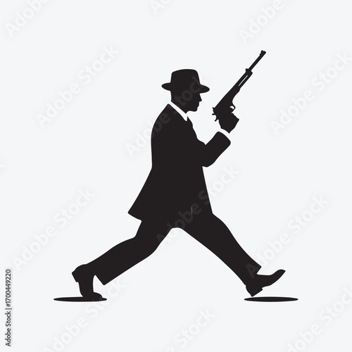 Black silhouette of a man in a fedora and suit holding a tommy gun walking vector