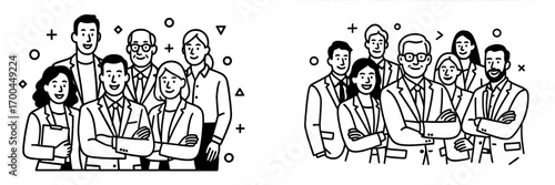 Two sets of diverse business teams standing together in a confident group portrait with minimalist line art style
