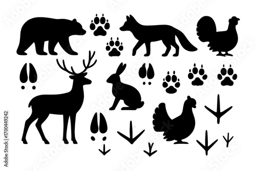Collection of black silhouettes showing wild and farm animals with their corresponding footprints including bear, fox, deer, rabbit, and chicken on a white background